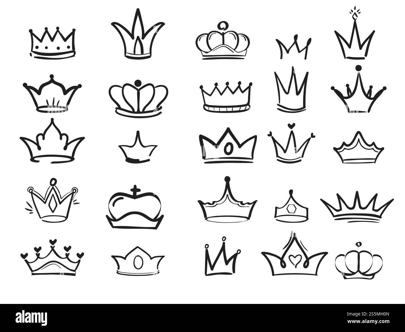 Crown Ink Drawing Doodling crown. Ink hand drawn symbols of king elegant imperial monarch ...