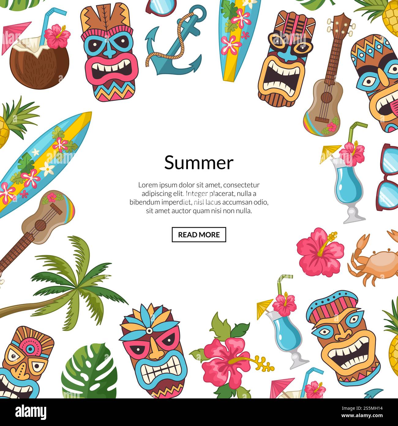 Vector cartoon summer travel elements tiki background illustration. Wev ...
