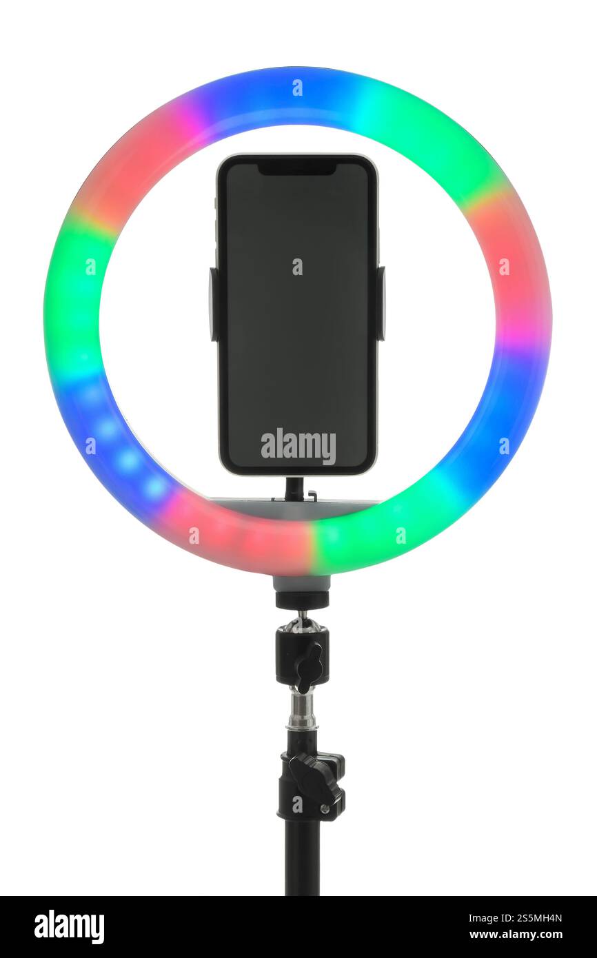 Tripod with ring light and smartphone isolated on white Stock Photo