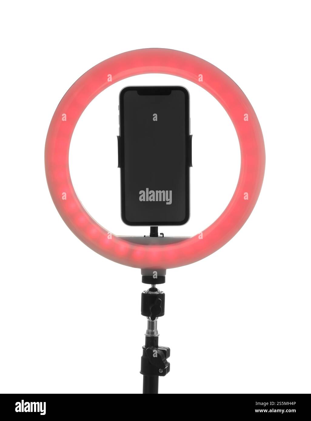 Tripod with ring light and smartphone isolated on white Stock Photo