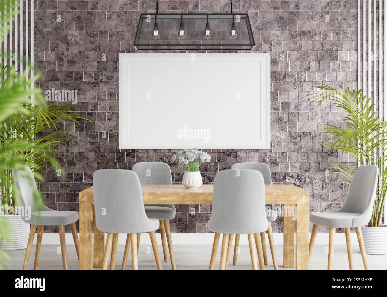 3D illustration mockup large board with frame in dining room at home or ...