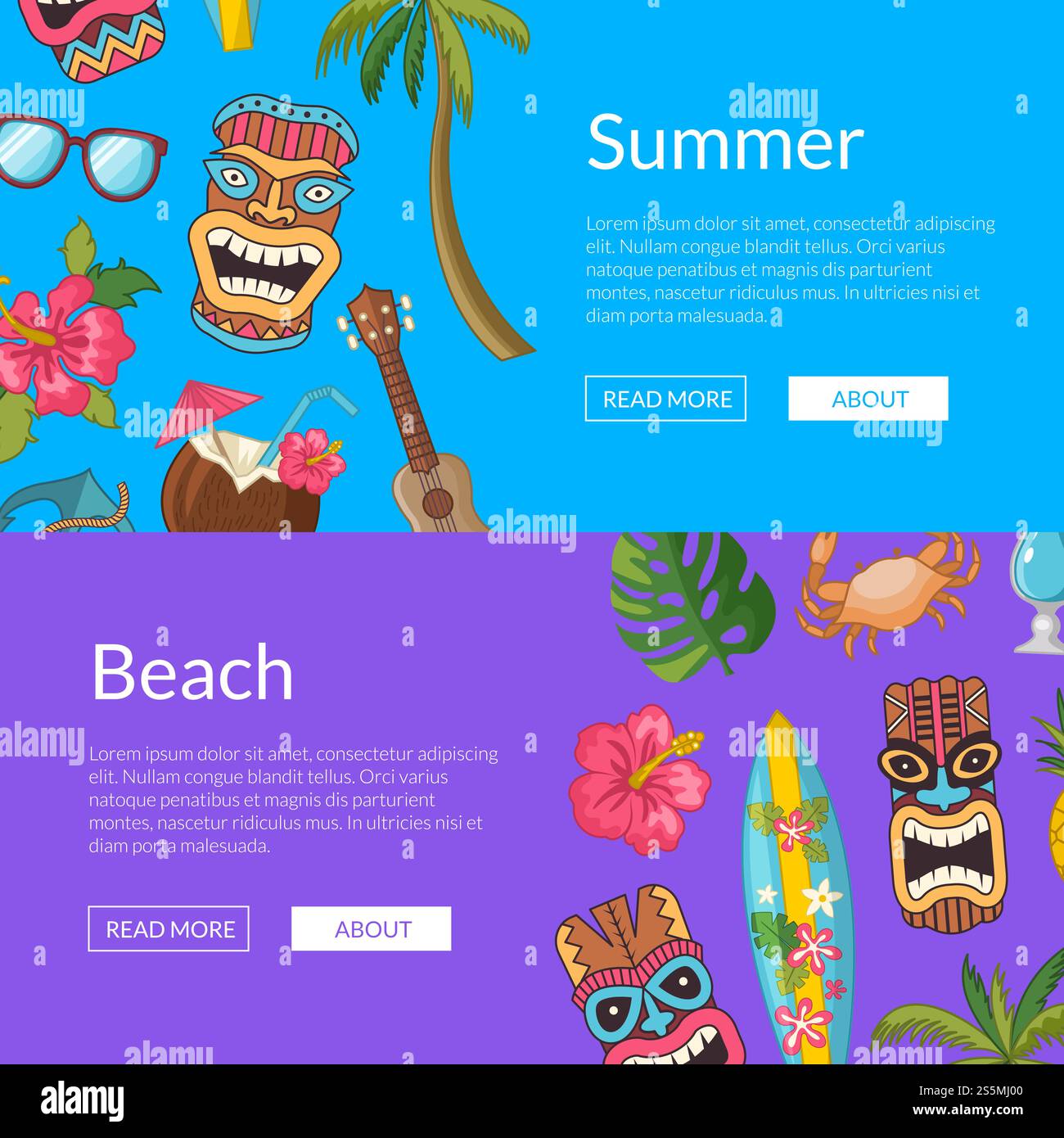 Vector cartoon summer travel with colored elements web banner and ...
