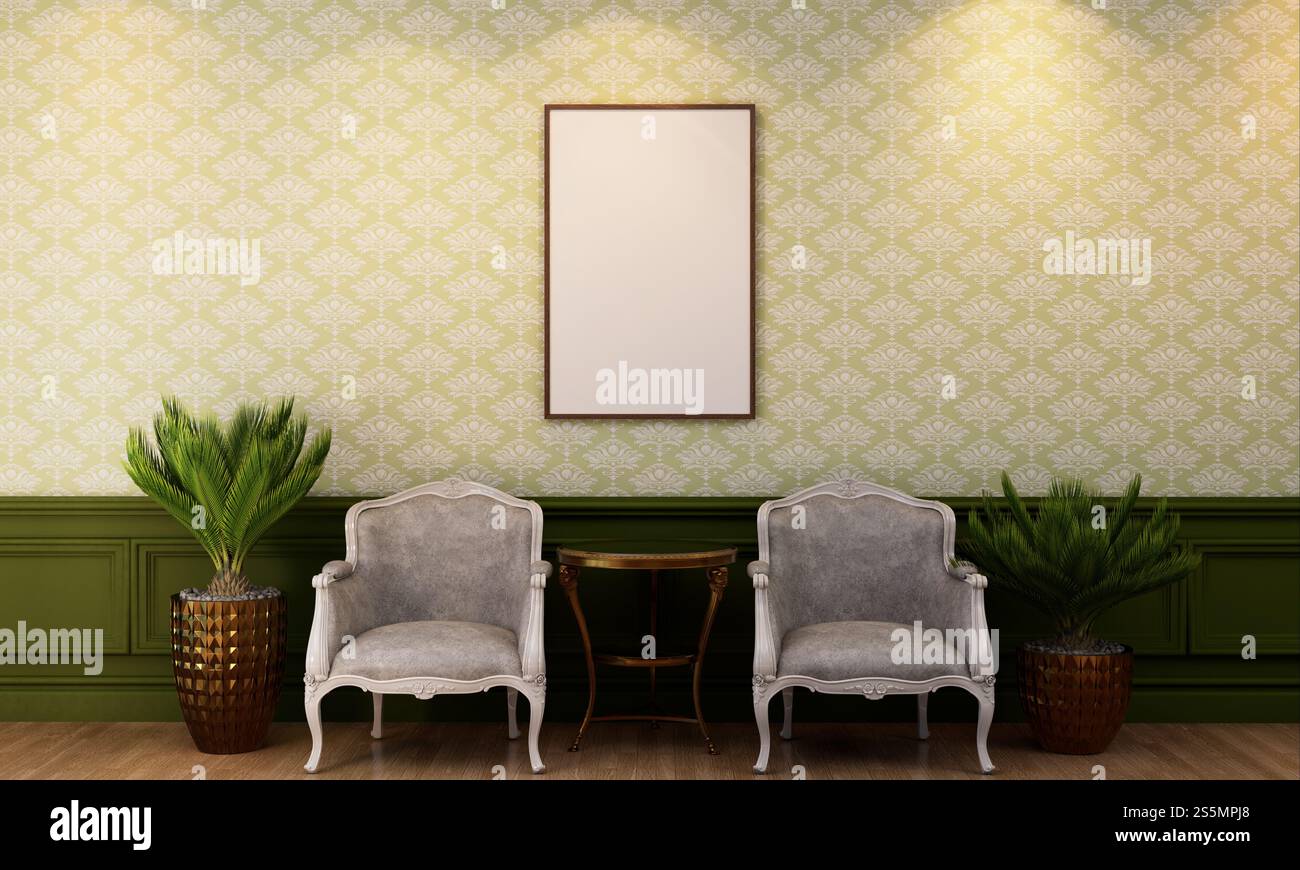 3D illustration mockup photo frame on beautiful wall in gallery hall or lobby of luxury building, Decorated with scandinavian style interior and Stock Photo