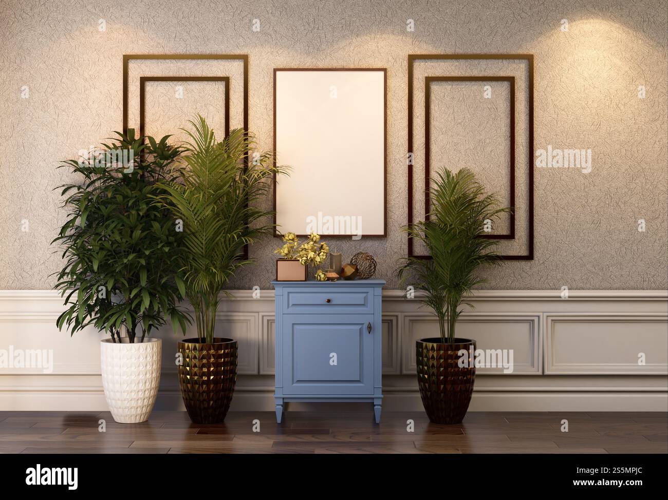 3D illustration mockup photo frame on beautiful wall in gallery hall or lobby of luxury building, Decorated with scandinavian style interior and Stock Photo
