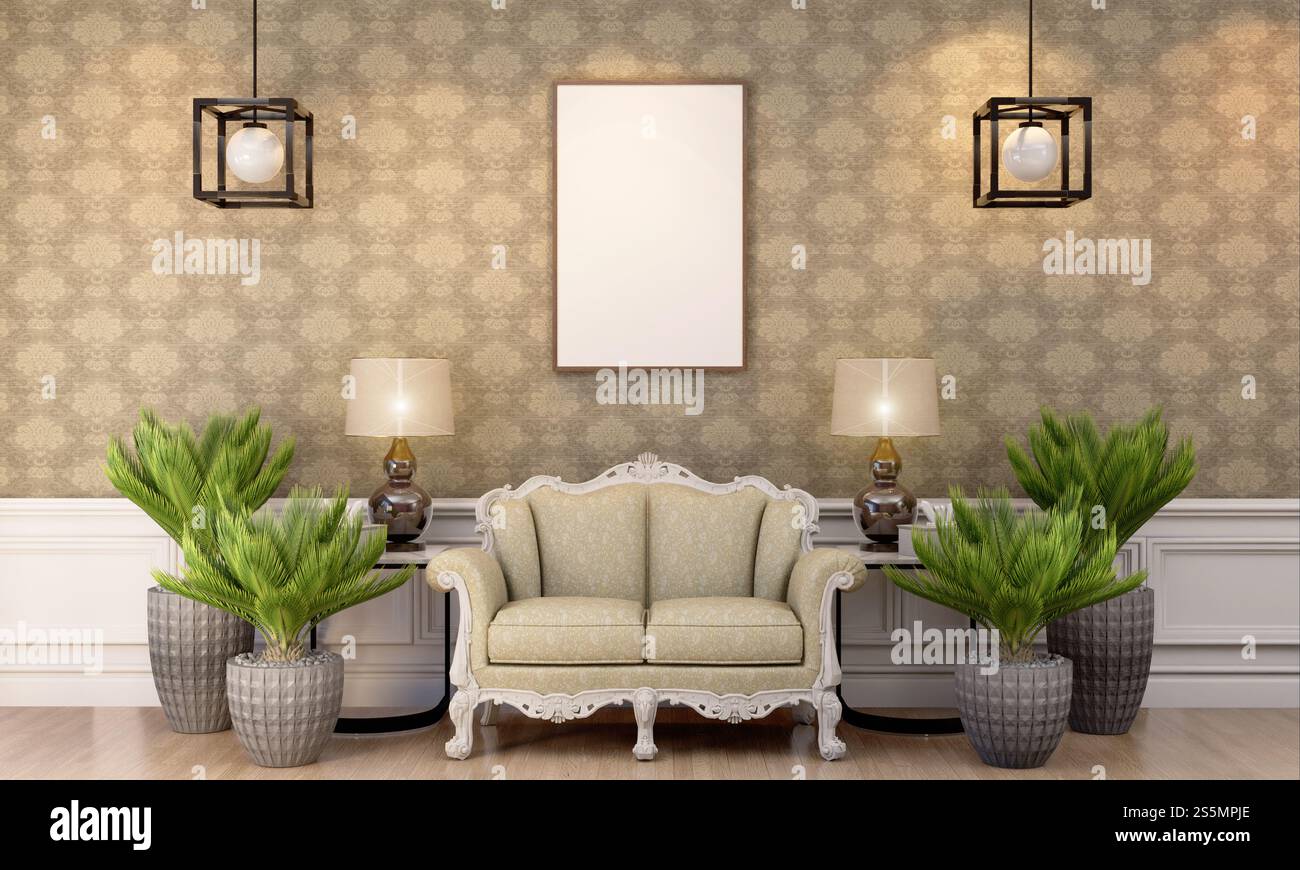 3D illustration mockup photo frame on beautiful wall in gallery hall or lobby of luxury building, Decorated with scandinavian style interior and Stock Photo