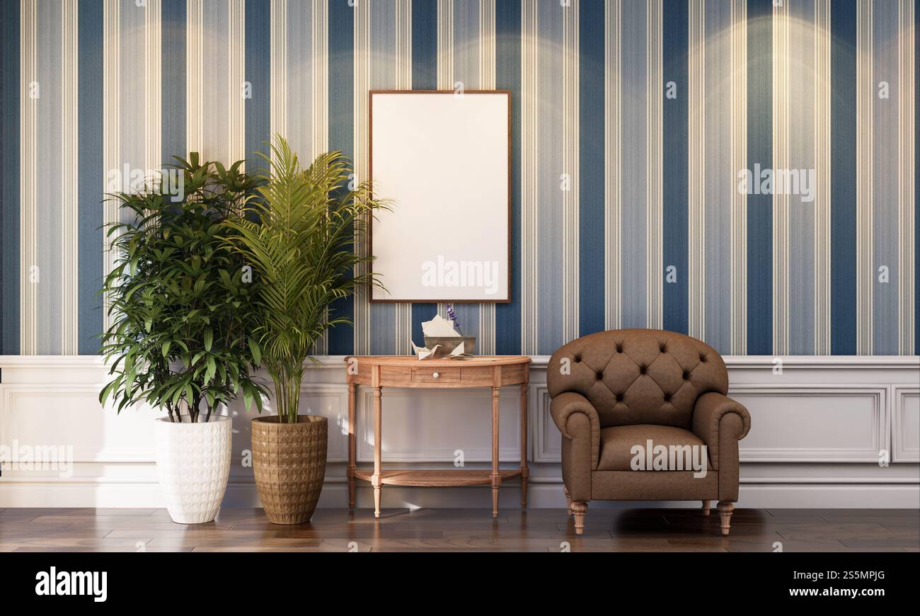 3D illustration mockup photo frame on beautiful wall in gallery hall or lobby of luxury building, Decorated with scandinavian style interior and Stock Photo