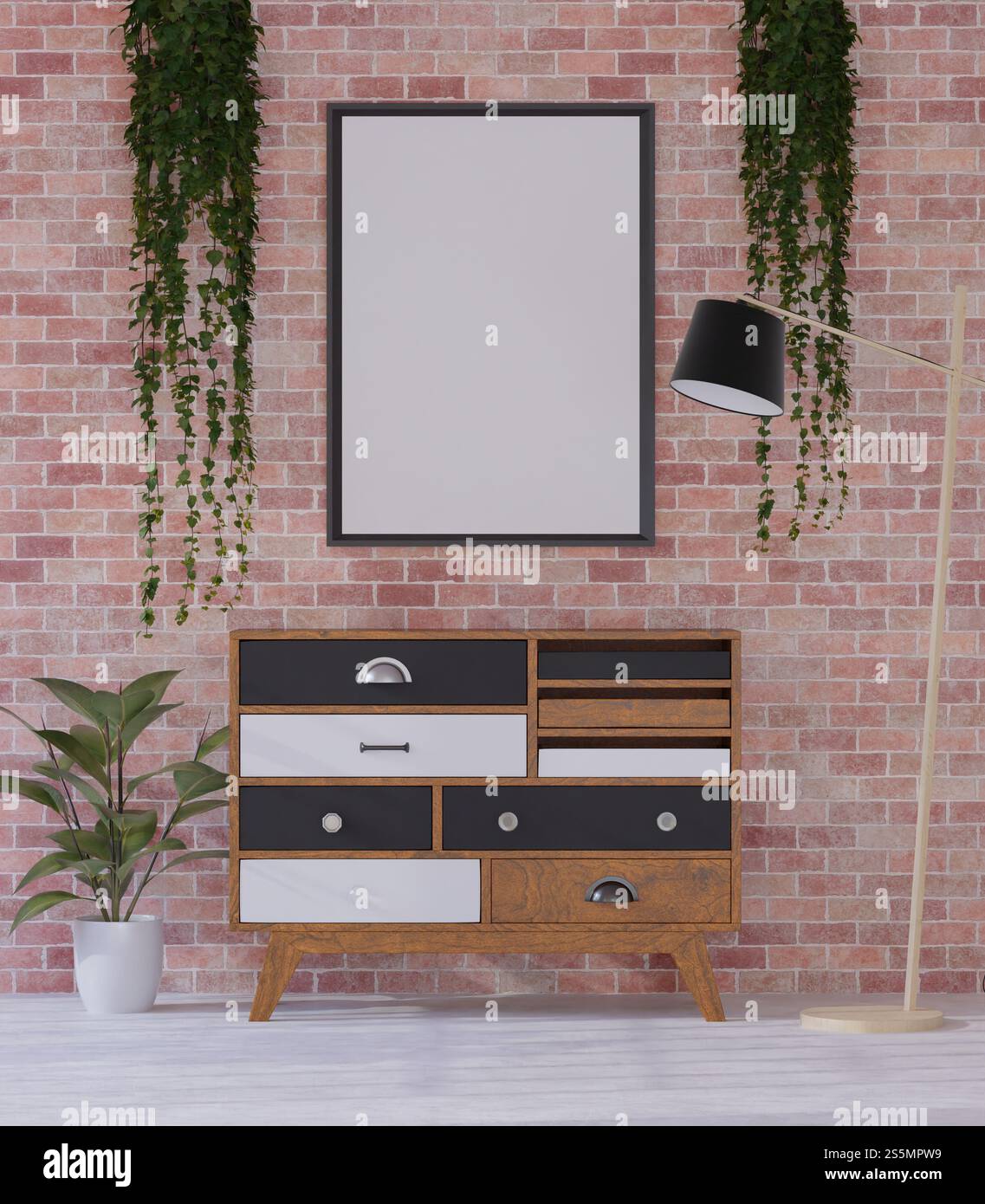 3D illustration mockup photo frame on brick wall over wooden cabinet ... - Bricked Wall Scandinavian Decor