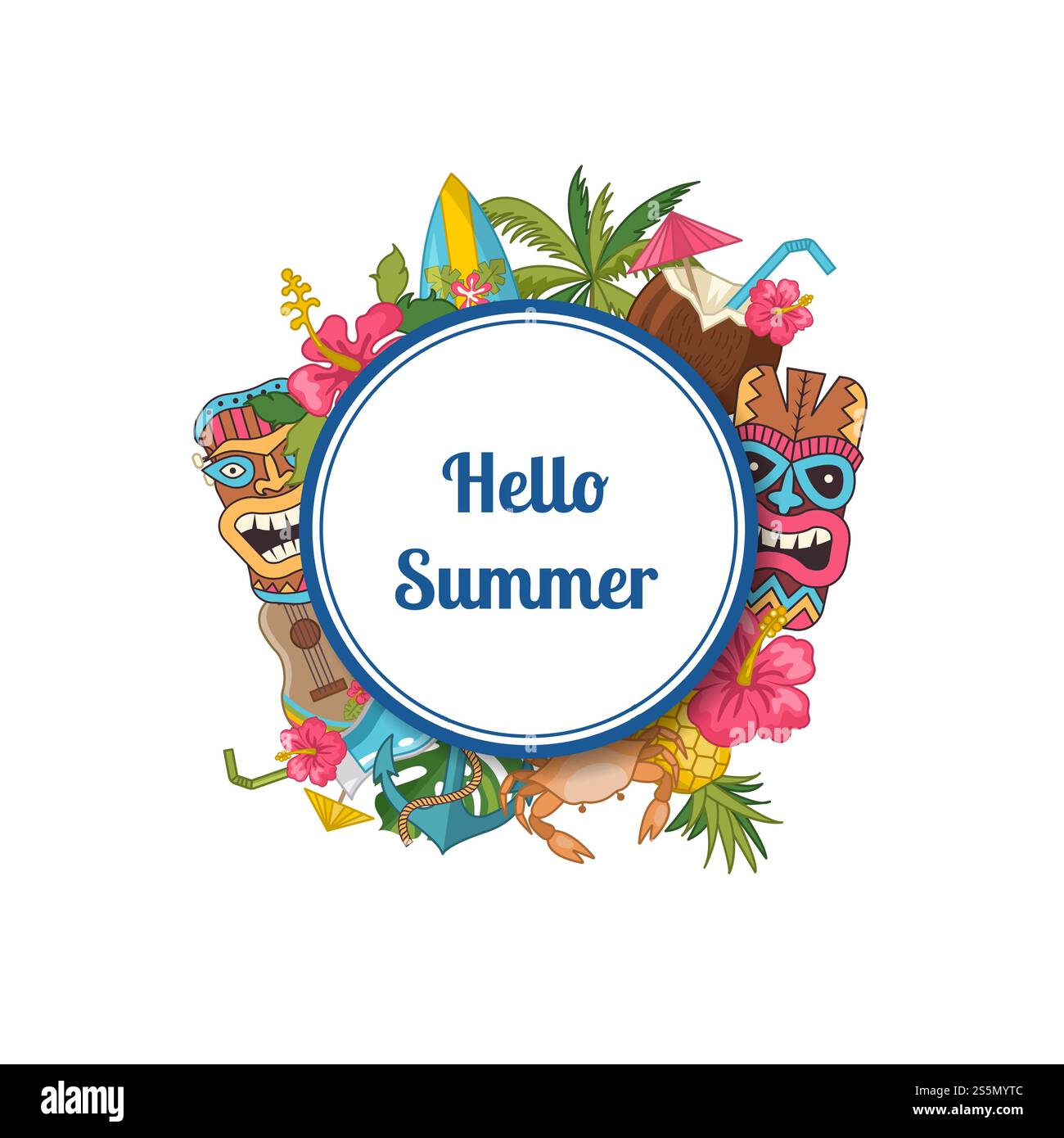 Vector cartoon summer travel elements under circle with place for text ...