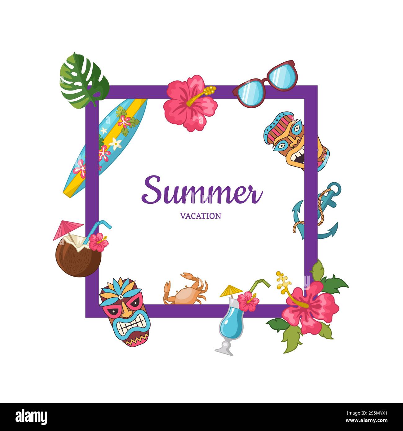Vector cartoon summer travel elements flying around frame with place ...