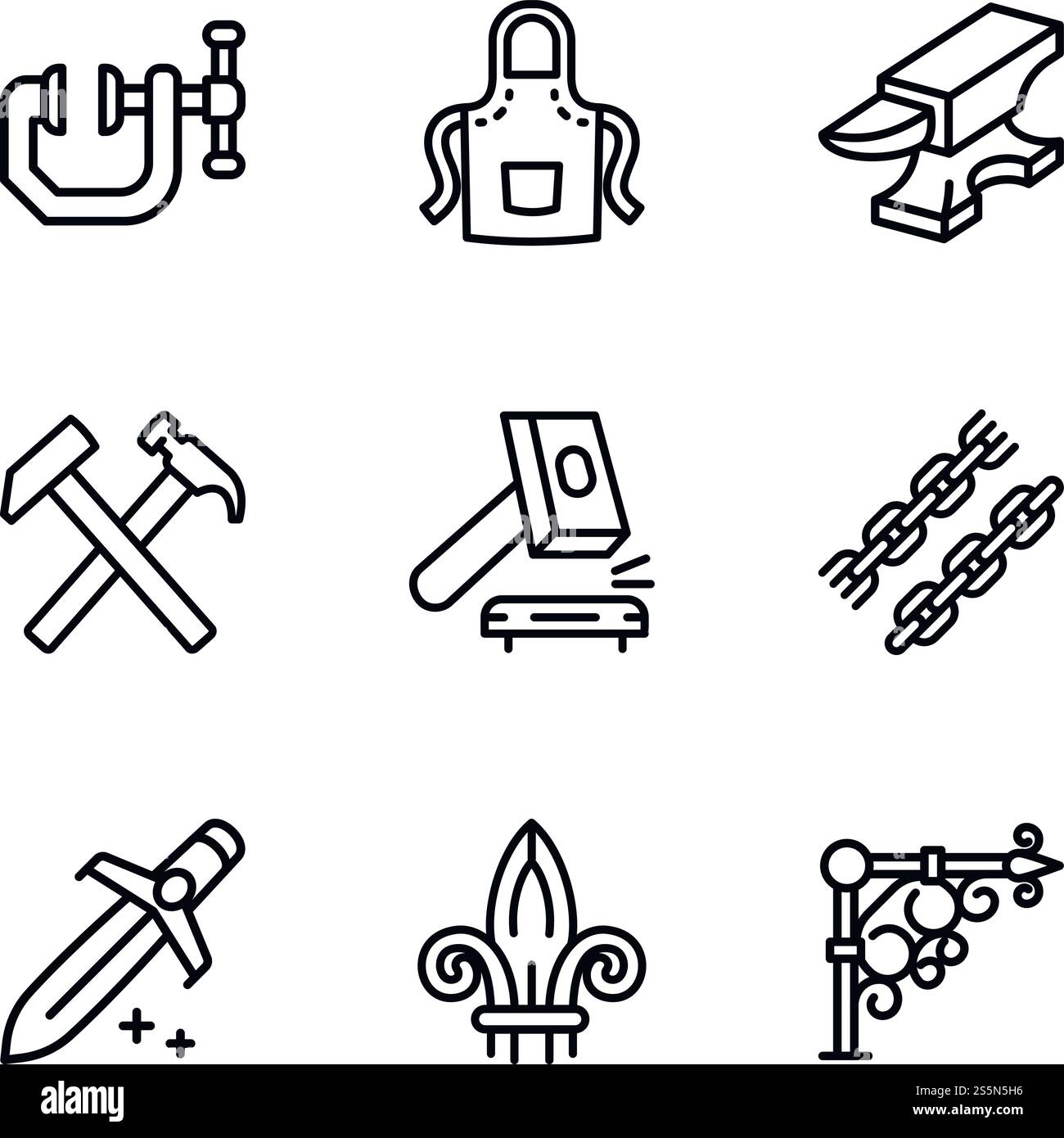 Steel blacksmith object icon set. Outline set of 9 steel blacksmith ...