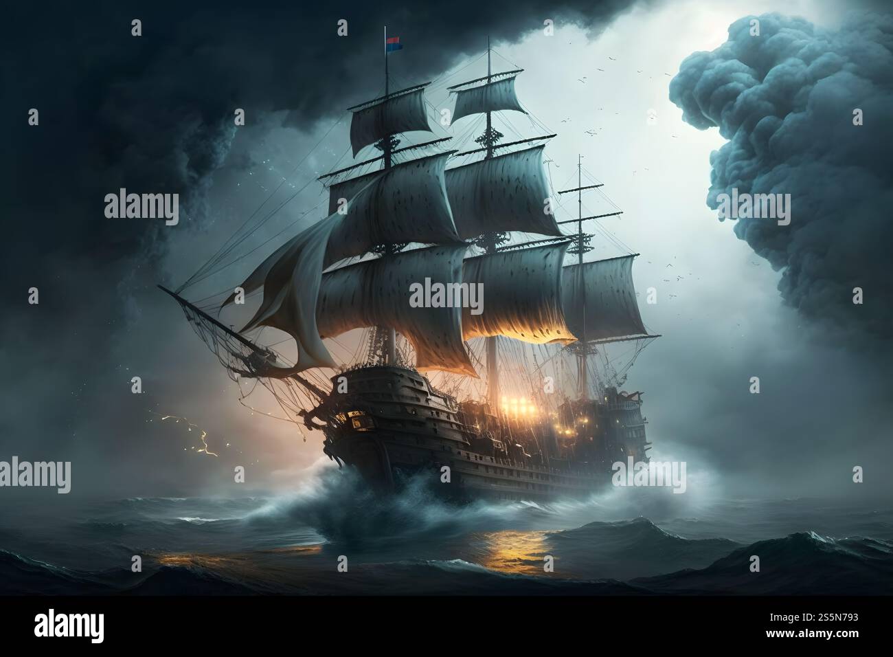 Sailing old ship in storm sea on the background clouds with lightning ...