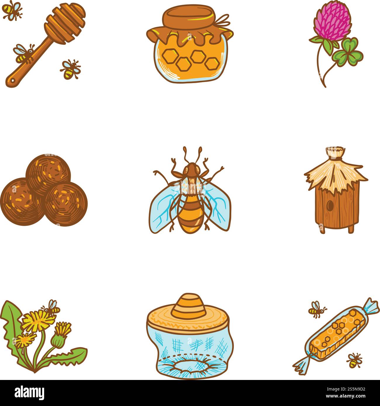 Bee honey icon set. Hand drawn set of 9 bee honey vector icons for web design isolated on white background. Bee honey icon set, hand drawn style Stock Vector
