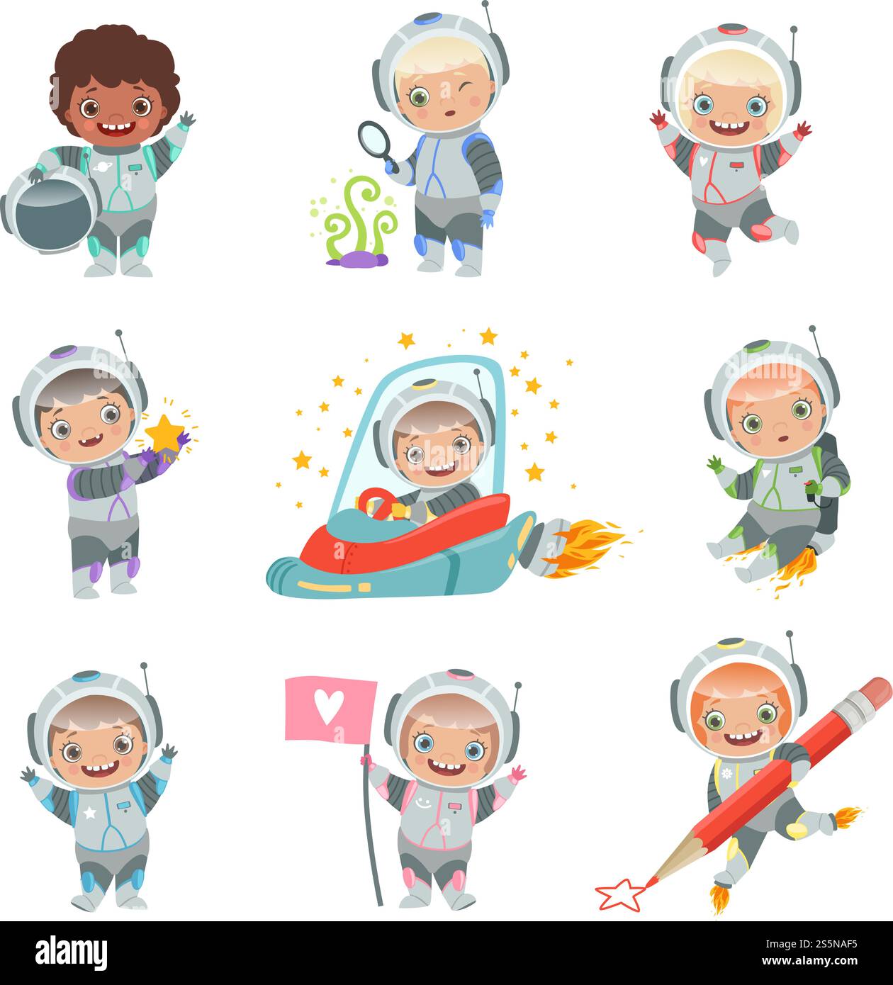 Childrens in space. Kids astronauts funny vector characters in rocket ...