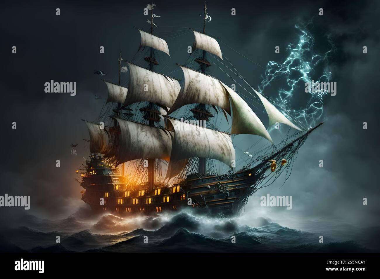 Sailing old ship in storm sea on the background clouds with lightning ...