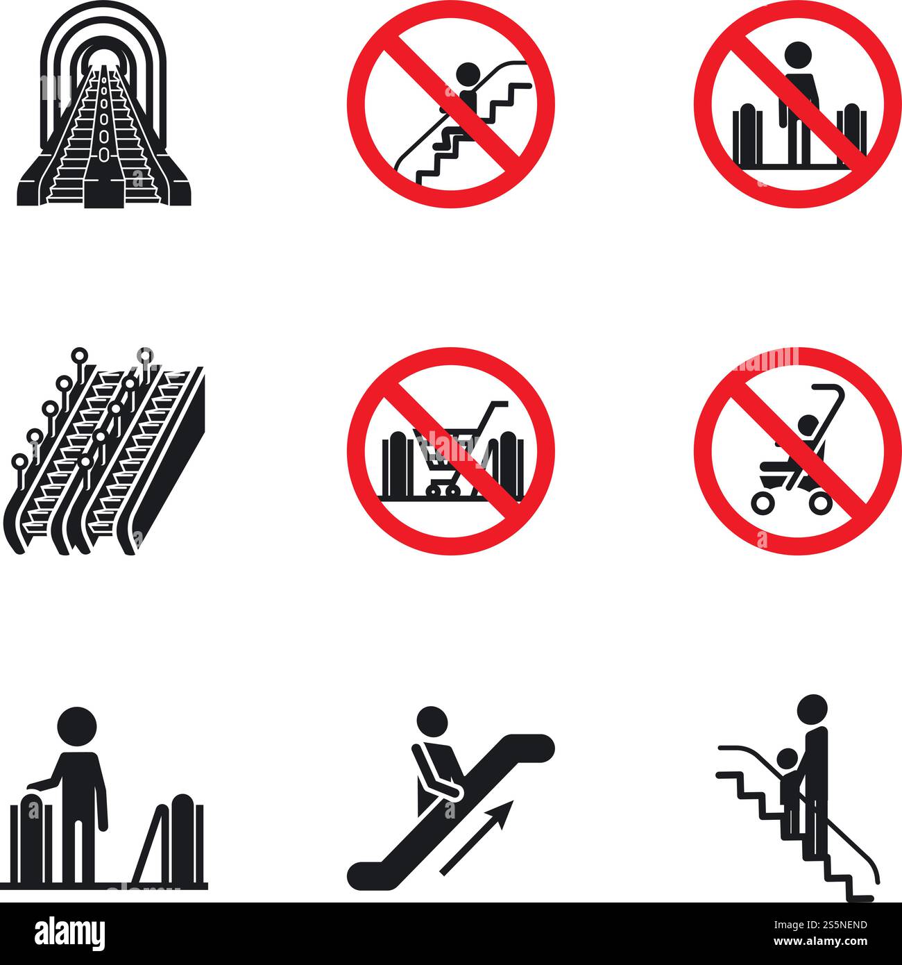 Escalator mall icon set. Simple set of 9 escalator mall vector icons for web design isolated on white background. Escalator mall icon set, simple style Stock Vector