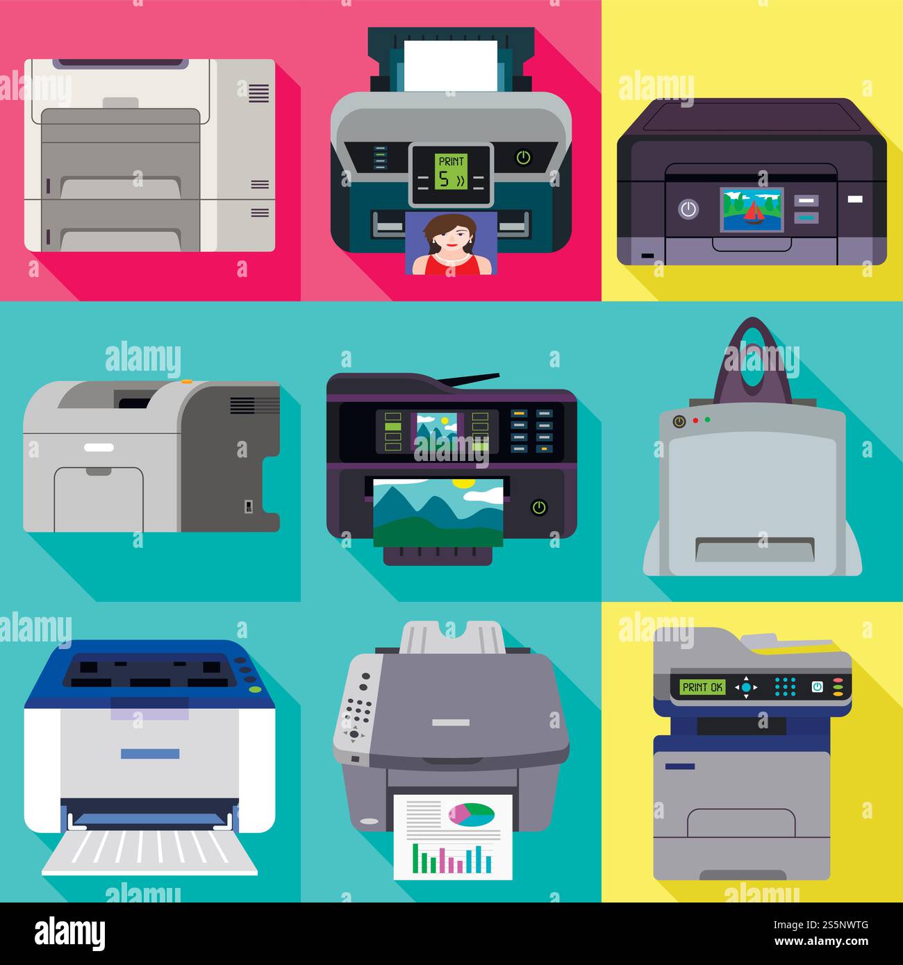 Photo printer icon set. Flat set of 9 photo printer vector icons for ...