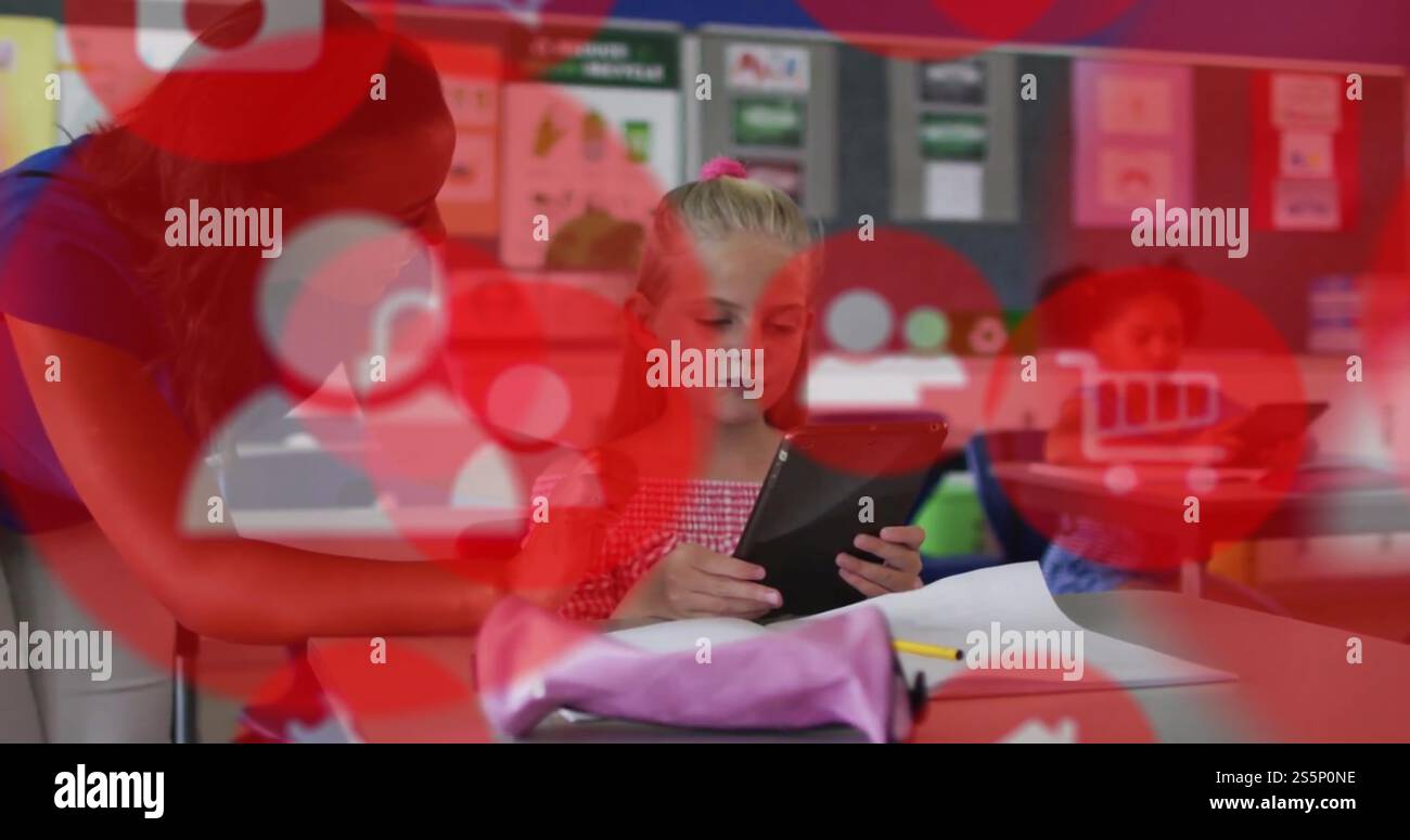 Image of icons over diverse schoolgirl and teacher using laptop Stock ...
