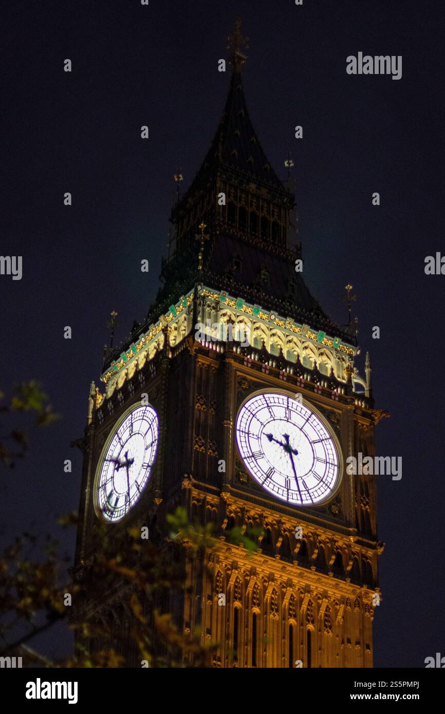 A captivating close-up of Big Bens clock face glowing against the night