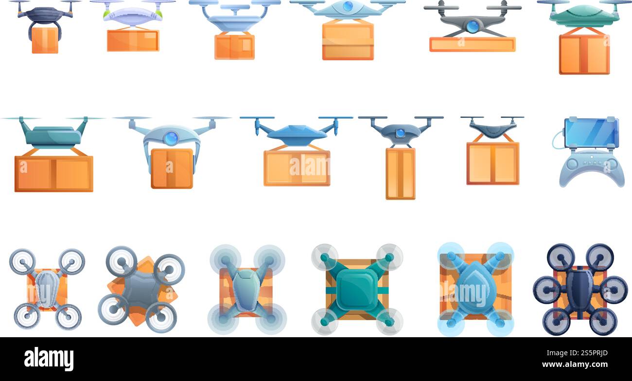 Drone delivery service icons set. Cartoon set of drone delivery service ...