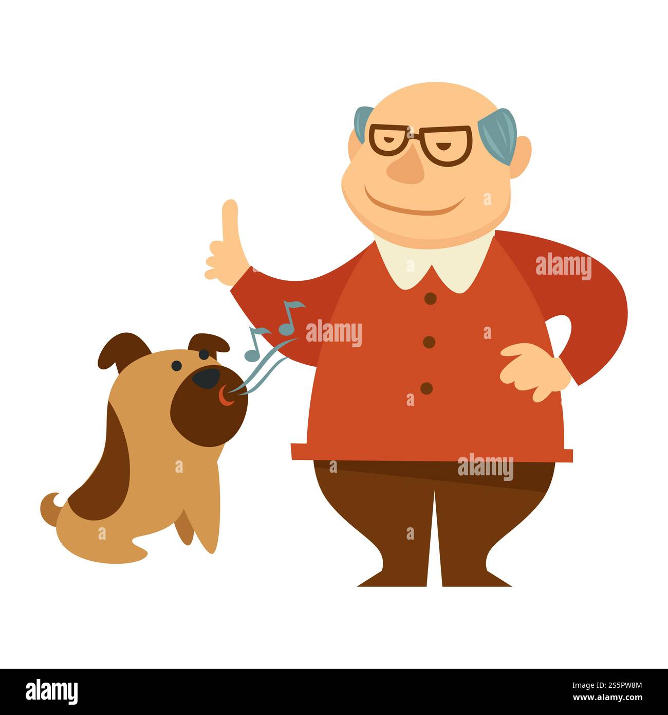 Smiling grandpa, owner giving a command and his cute brown dog, puppy ...