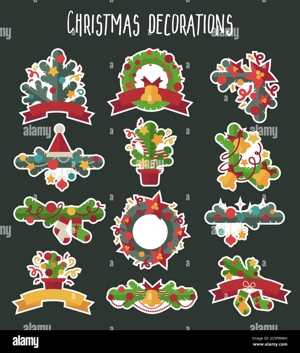 Vector set of Christmas decoration design elements in flat style ...
