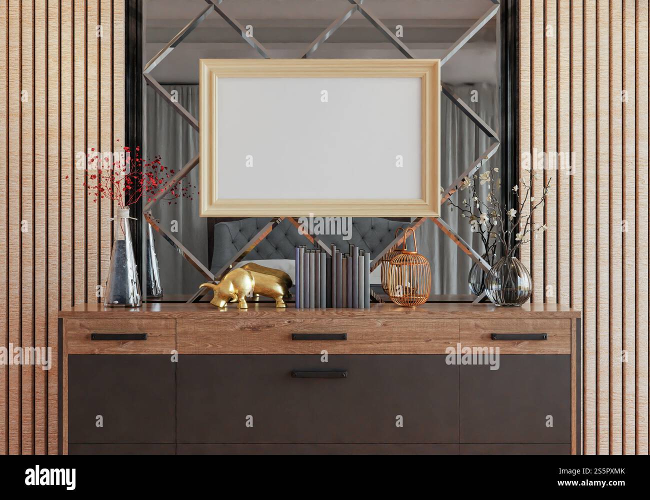 3D illustration, Mockup photo frame in living room, Interior of ...