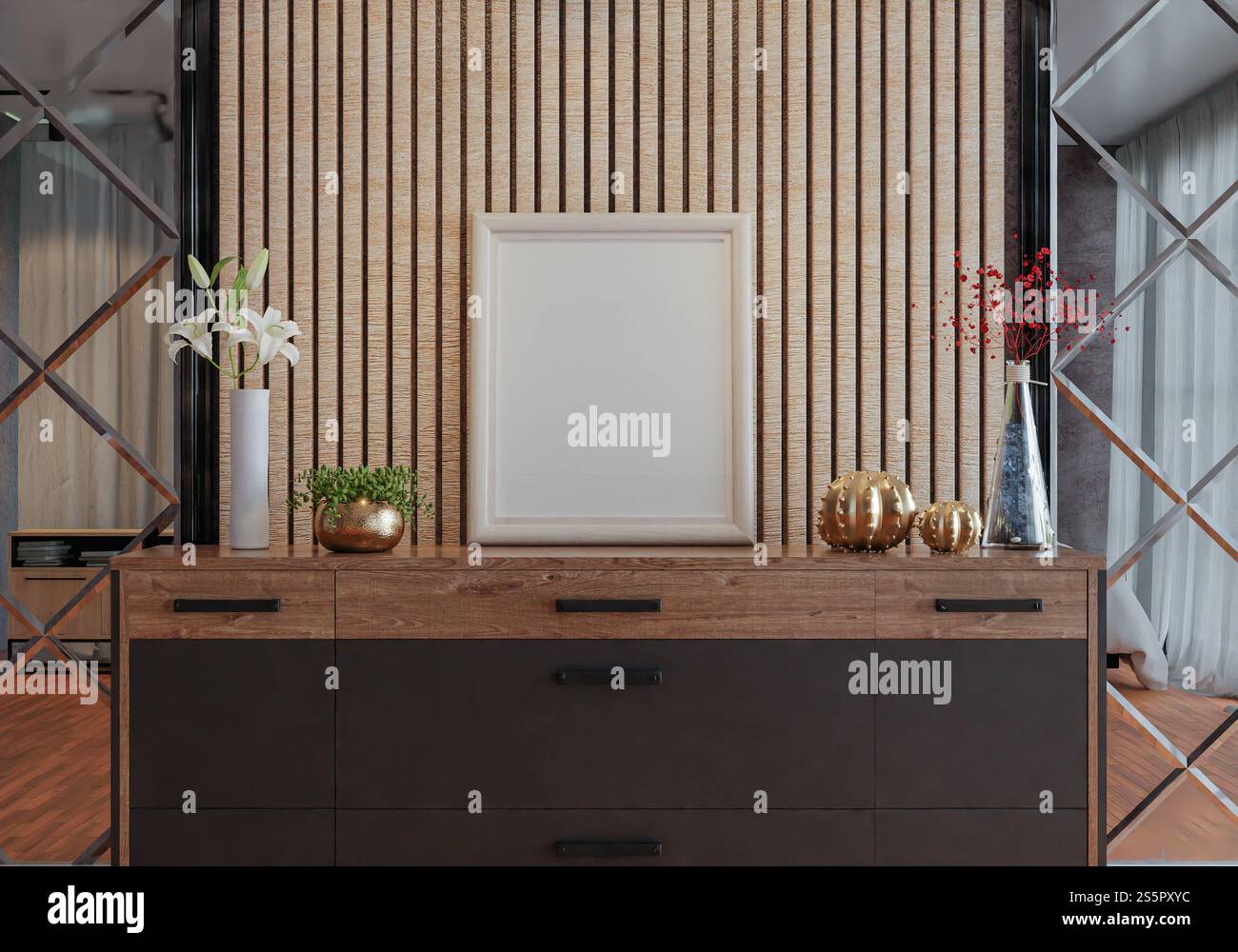 3D illustration, Mockup photo frame in living room, Interior of ...