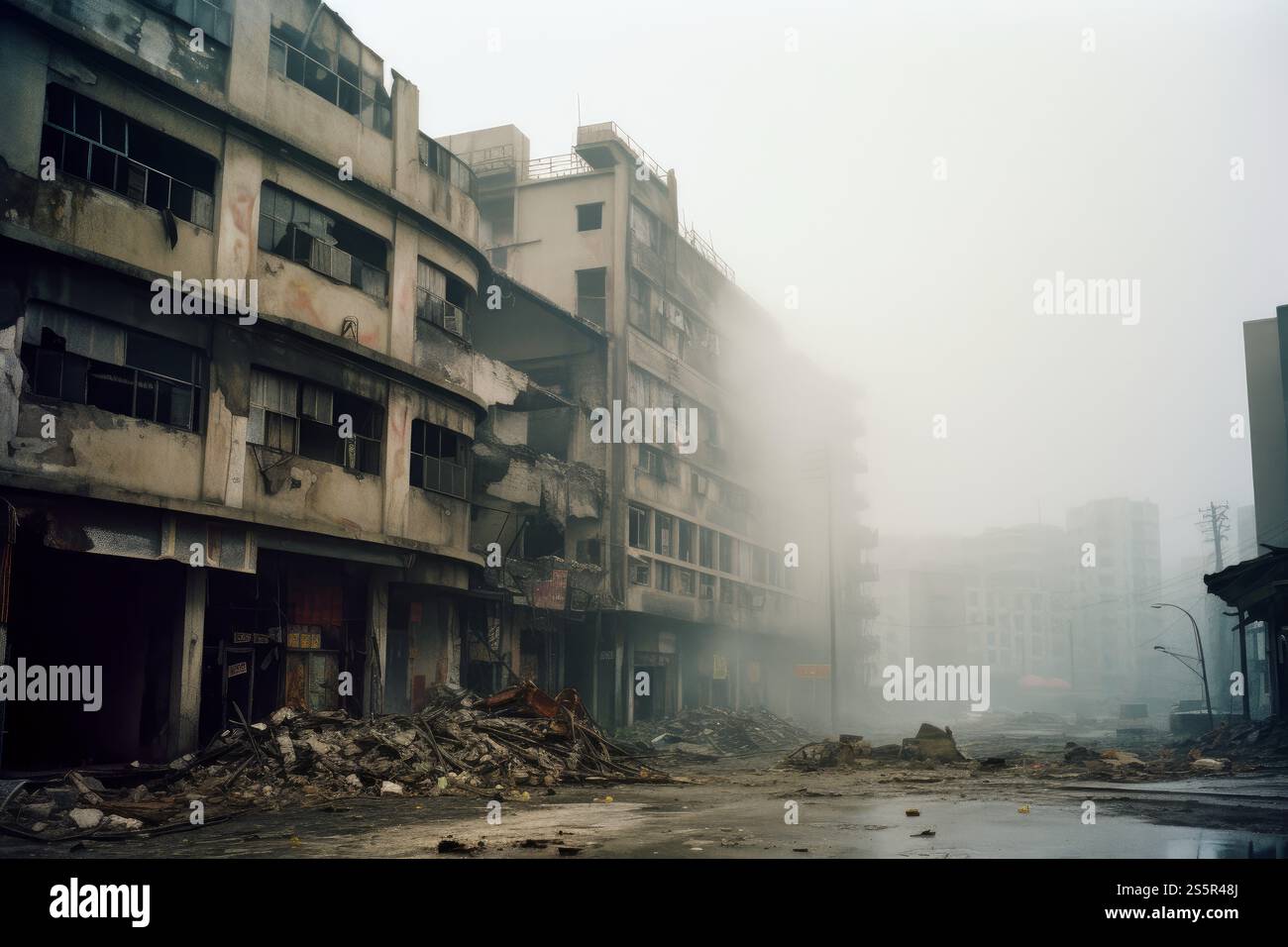 Destroyed city buildings. Street war invasion. Generate AI Stock Photo ...