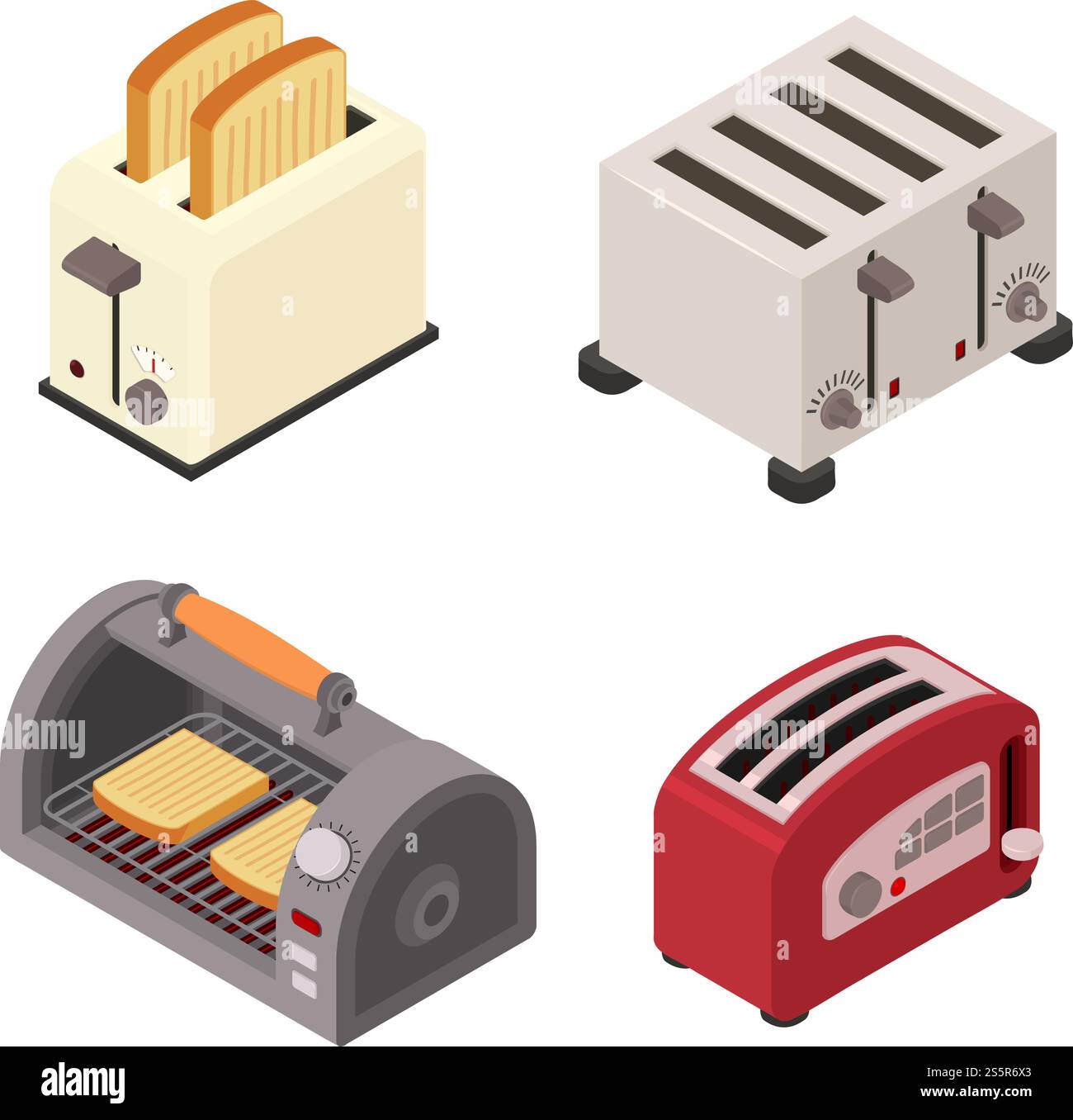Toaster icons set. Isometric set of toaster vector icons for web design isolated on white background. Toaster icons set, isometric style Stock Vector