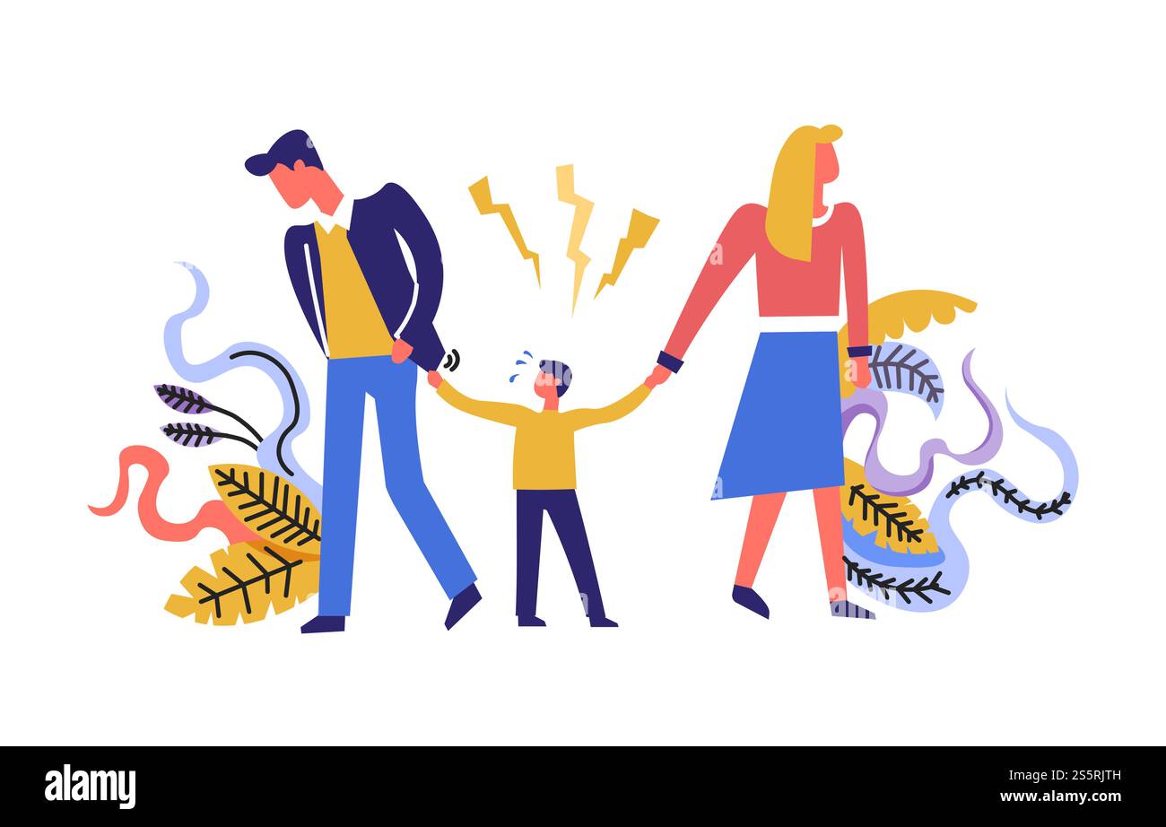 Family problems father and mother with child walking in different sides vector divorce of unhappy couple split and break up kid suffering from crisis of parents flowers and foliage decoration. Family problems  father and mother with child walking in sides Stock Vector