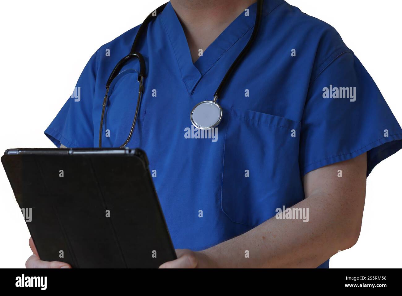 Closeup medical professional in blue scrubs holding tablet, chart Stock