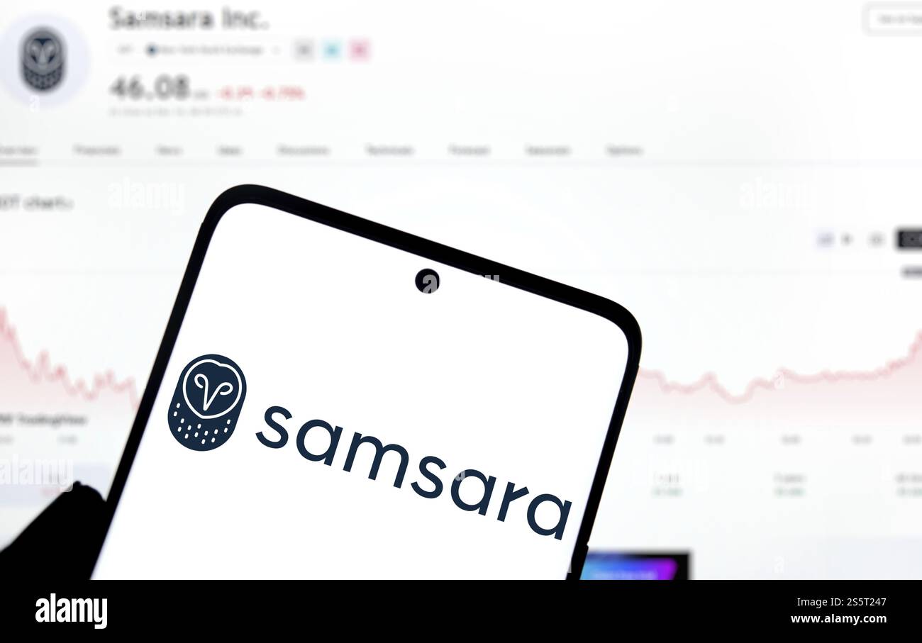 samsara logo is displayed on smartphone. Samsara Inc is an American IoT