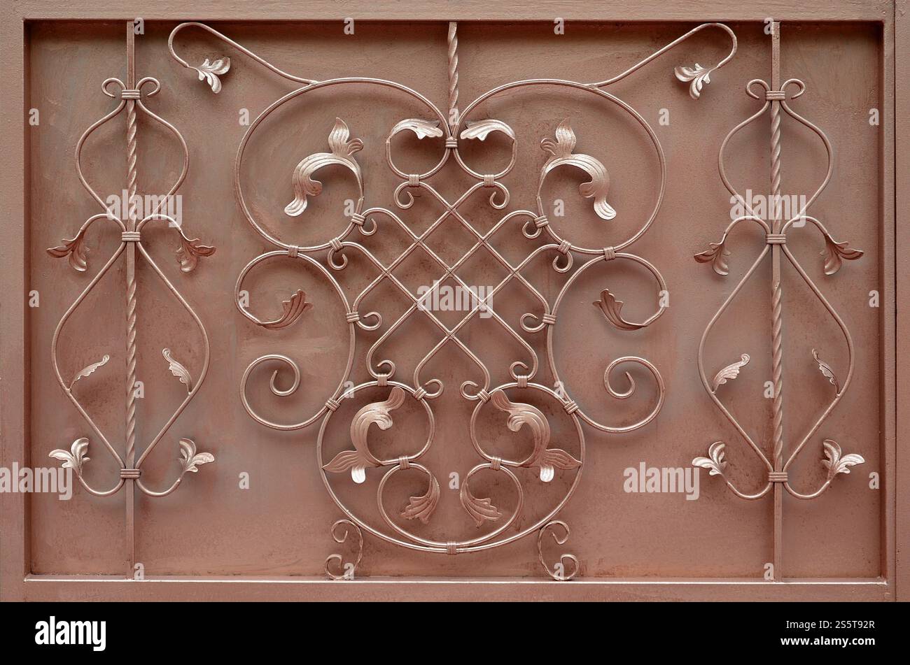 The texture of the bronze metal gate with a beautiful floral pattern of forged metal Stock Photo