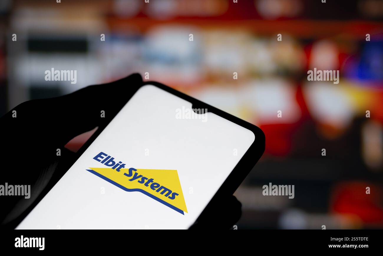 Elbit systems logo is displayed on smartphone. Elbit Systems Ltd is an