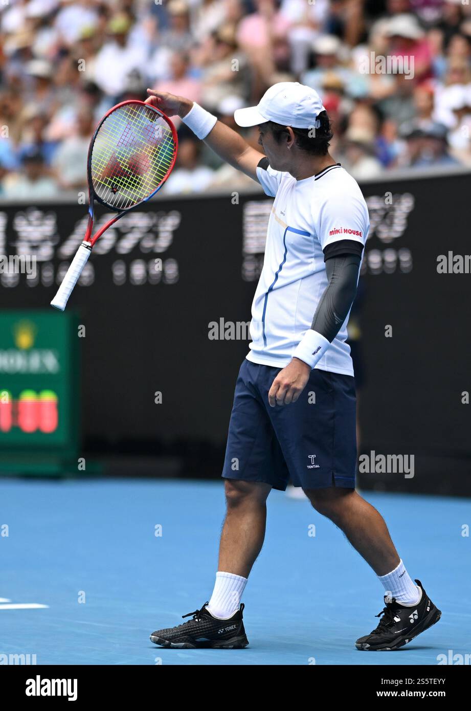 Yoshihito Nishioka of Japan reacts during his round 2 match against