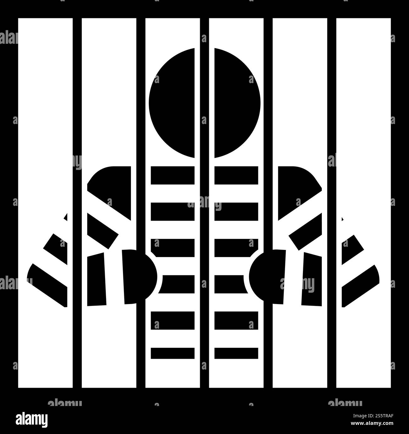 Prisoner behind bars holds rods with his hands Angry man watch through ...