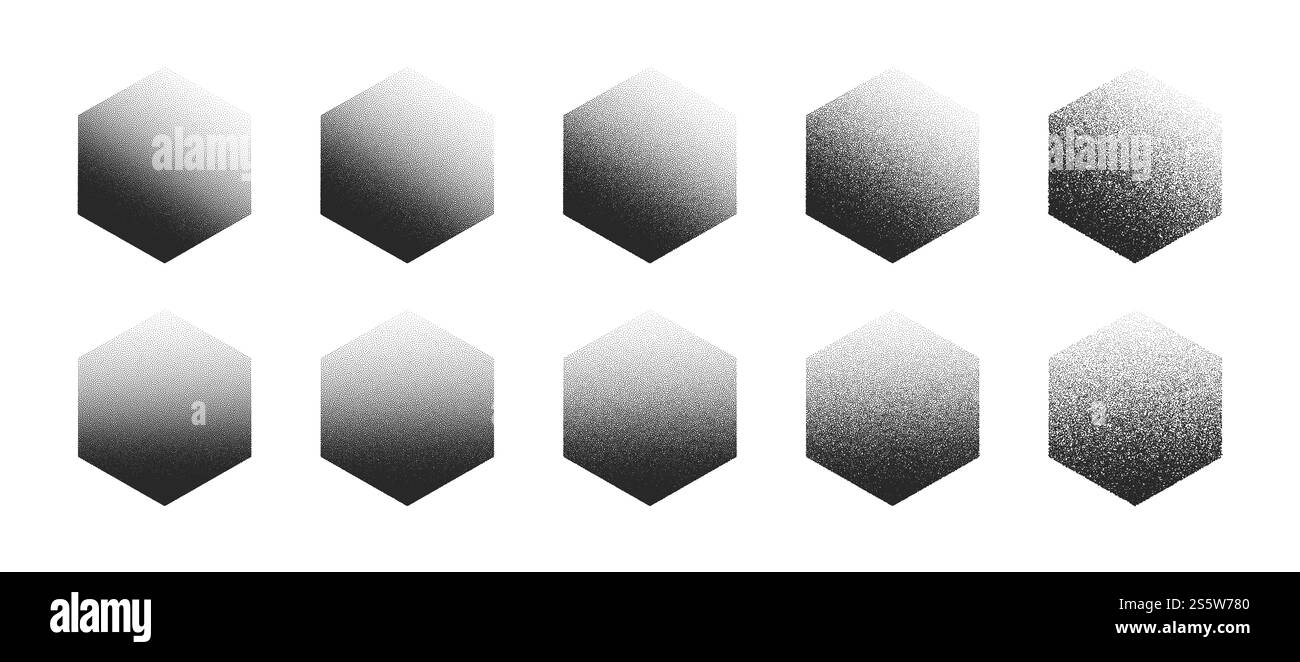 Dotwork Hand Drawn Stippled Hexagon Abstract Shapes Set In Different Variations On White Background Stock Photo