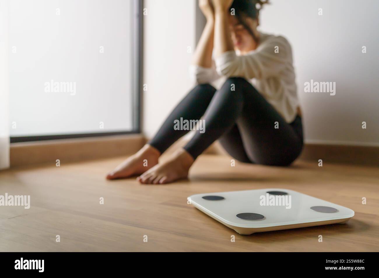 Weight Scale Photo Fail Sad woman with fat upset bored of dieting Weight loss fail Fat diet and ...