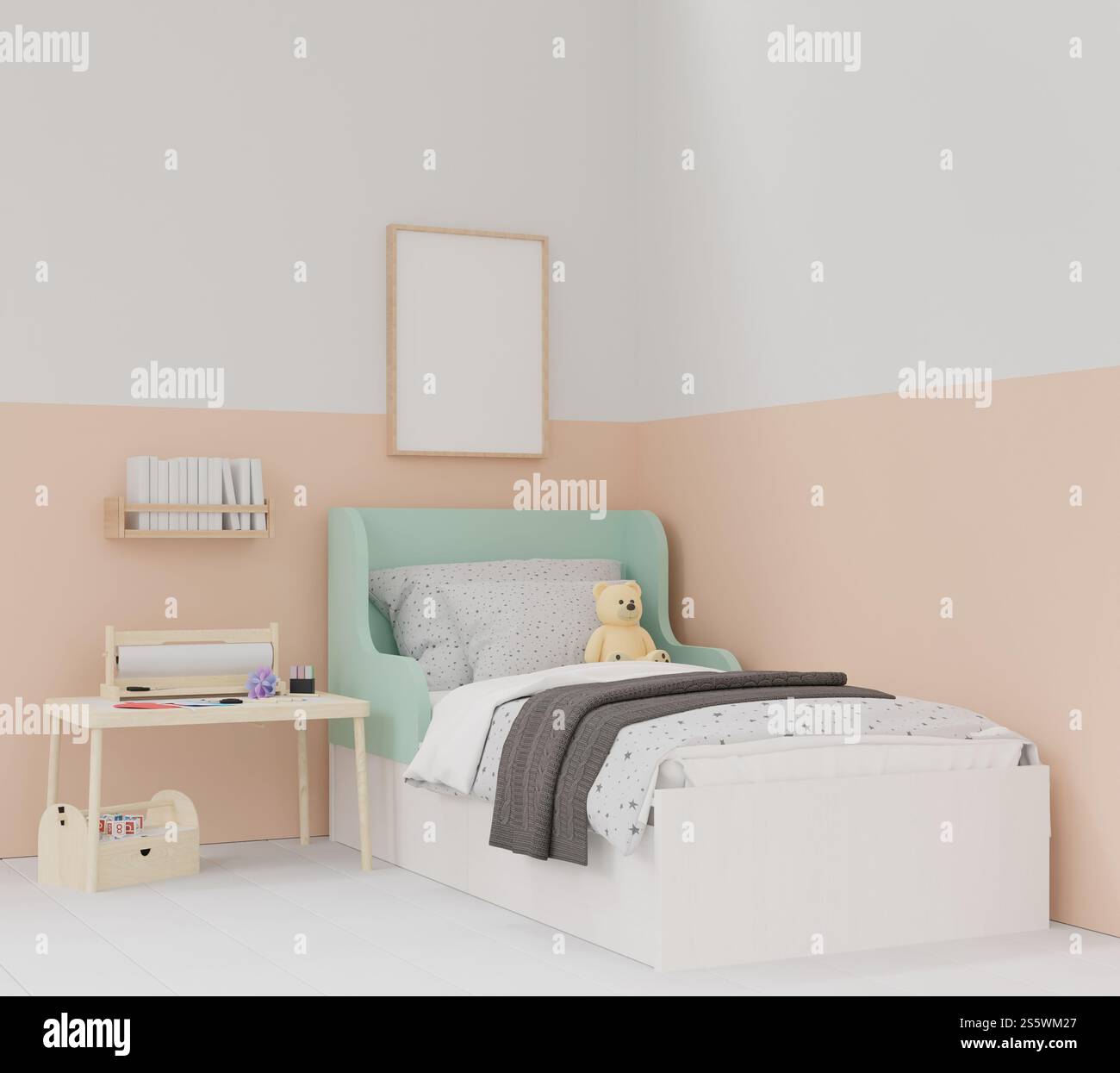 3D illustration, Blank photo frame for mockup in the children bedroom ...