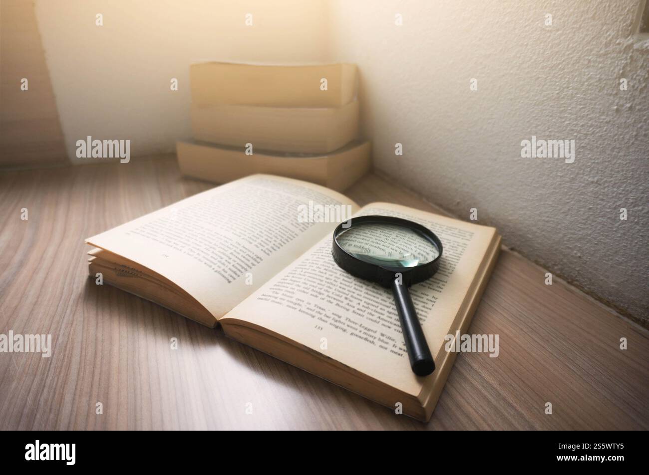 Magnification glass over a opened book with window Stock Photo