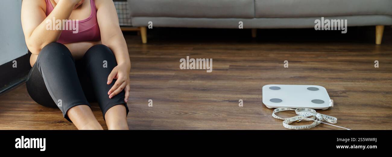 Weight Scale Photo Fail Obese Woman with fat upset bored of dieting Weight loss fail Fat diet ...