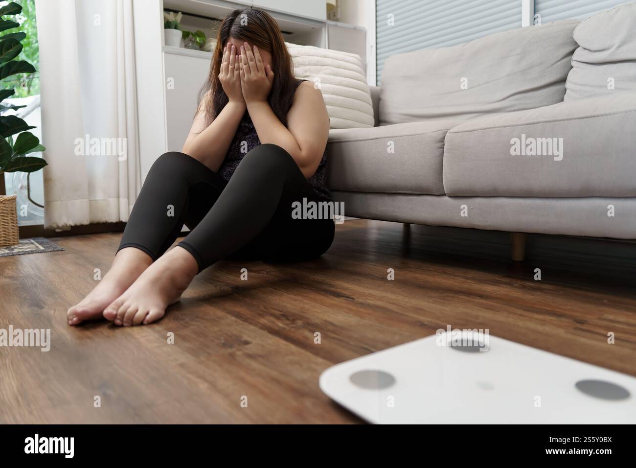 Weight Scale Photo Fail Sad obese woman with fat upset bored of dieting Weight loss fail Fat ...