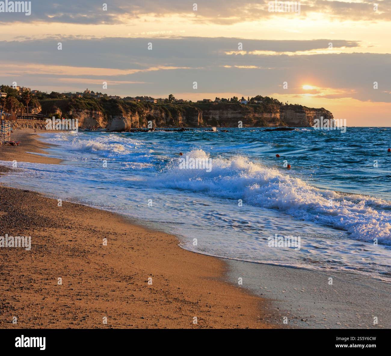 Tropea town beach evening view, Calabria, Italy, Tyrrhenian Sea. People unrecognizable. Stock Photo