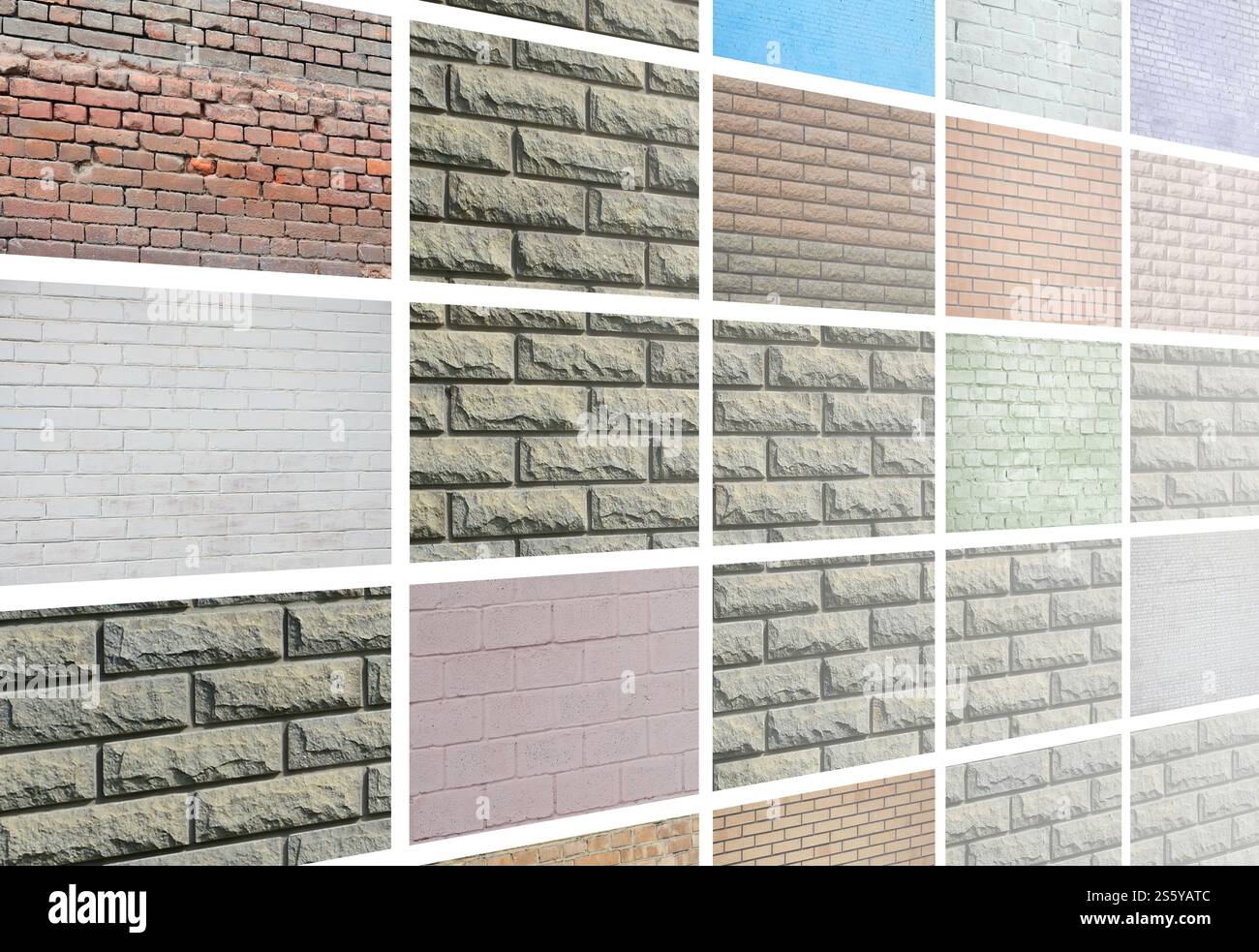 A collage of many pictures with fragments of brick walls of different ...