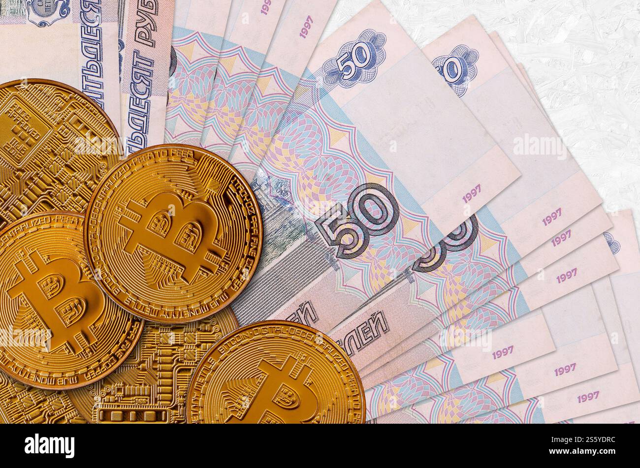 bitcoin cryptocurrency with russian rubles money, five thousand banknotes  closeup Stock Photo - Alamy
