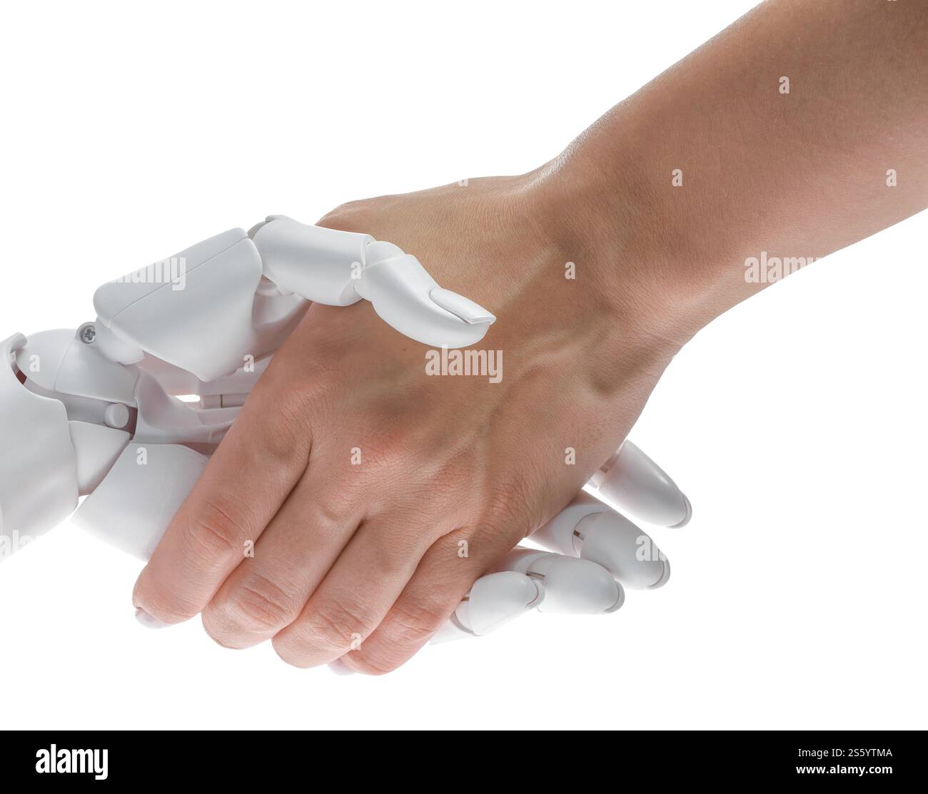 Artificial intelligence. Woman shaking hands with robot on white background, closeup Stock Photo