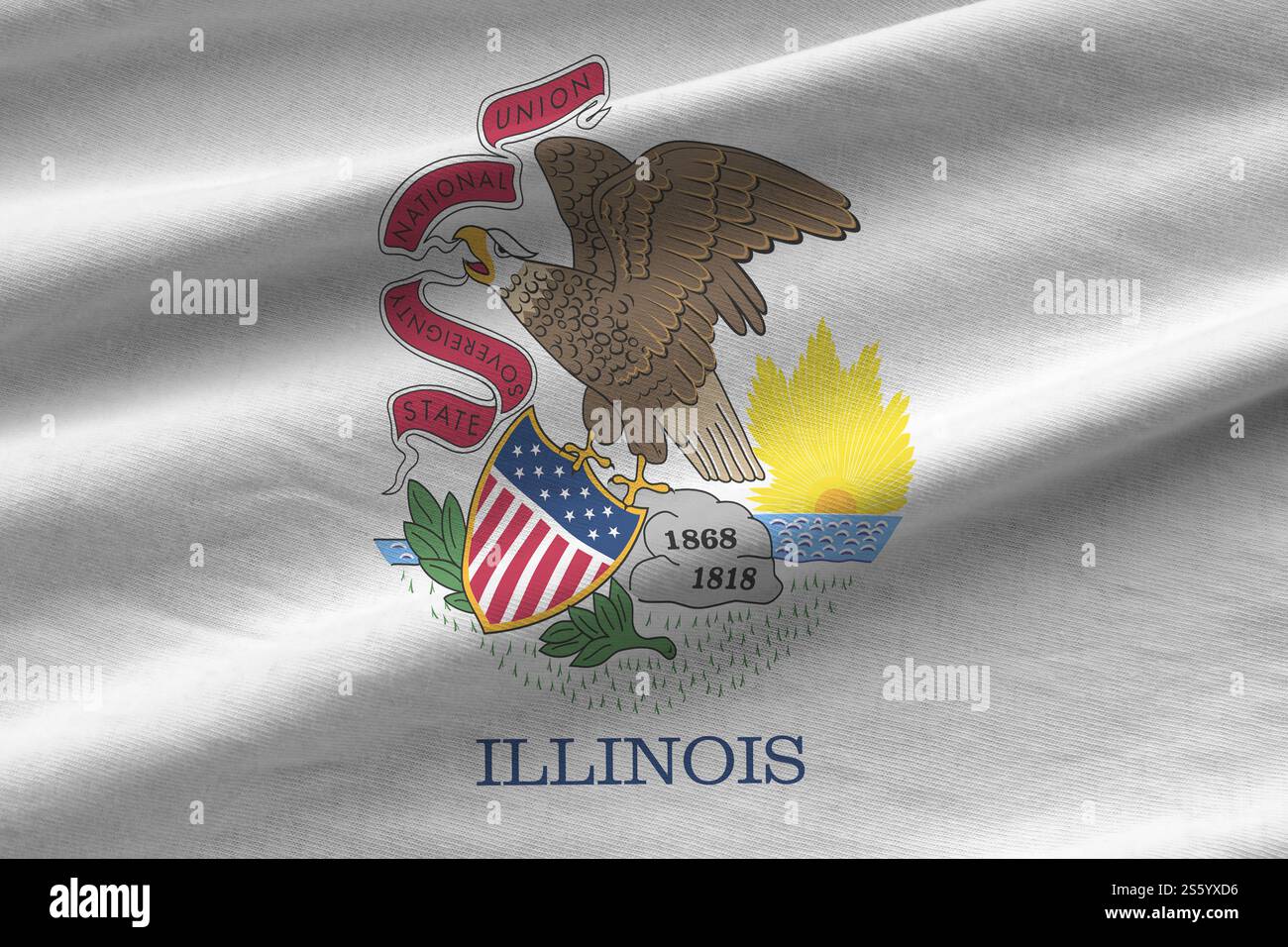 Illinois US state flag with big folds waving close up