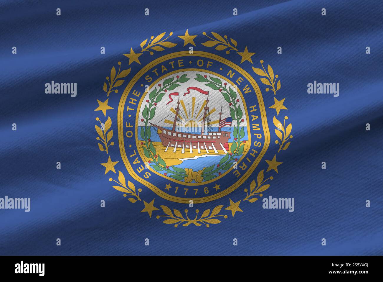 New Hampshire US state flag with big folds waving close up under the ...