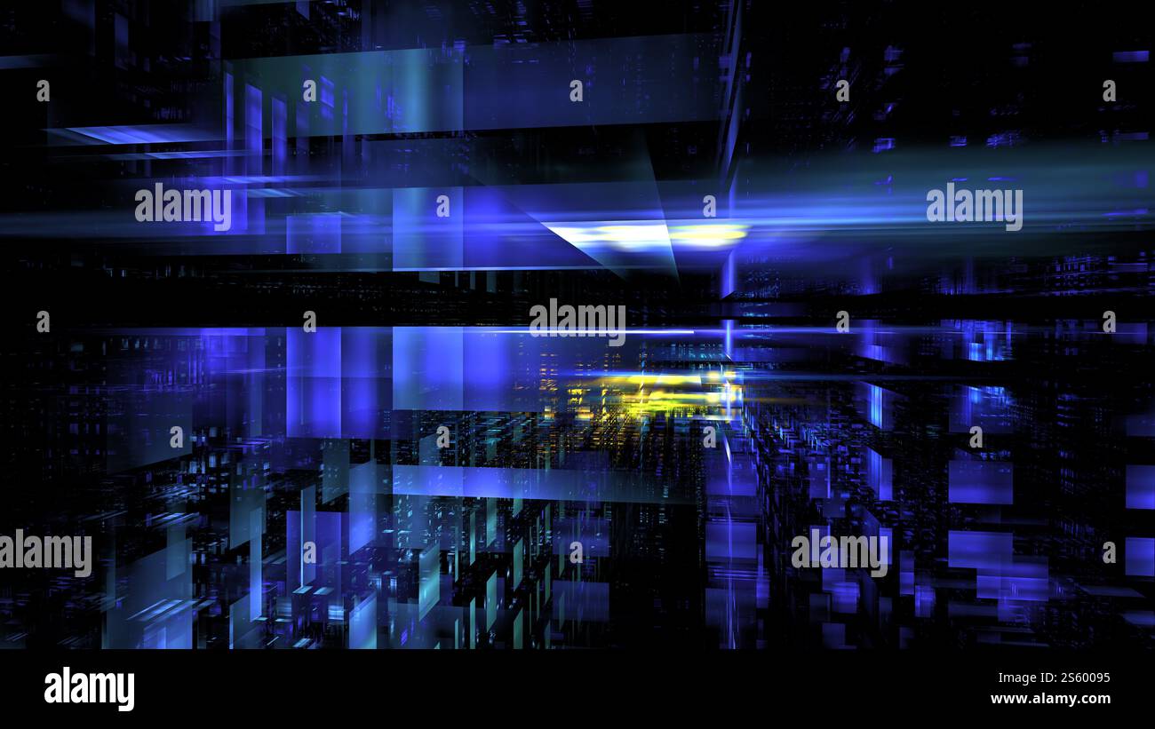 Colorful geometric shapes and lines dominate this abstract digital landscape, featuring vibrant blue and yellow hues that create a sense of movement a Stock Photo