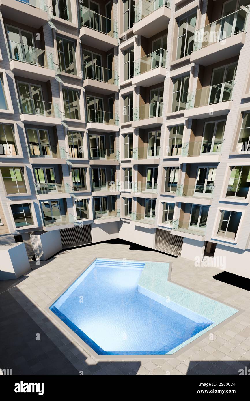 A 1-bedroom apartment complex with a pool, fitness center, and outdoor space